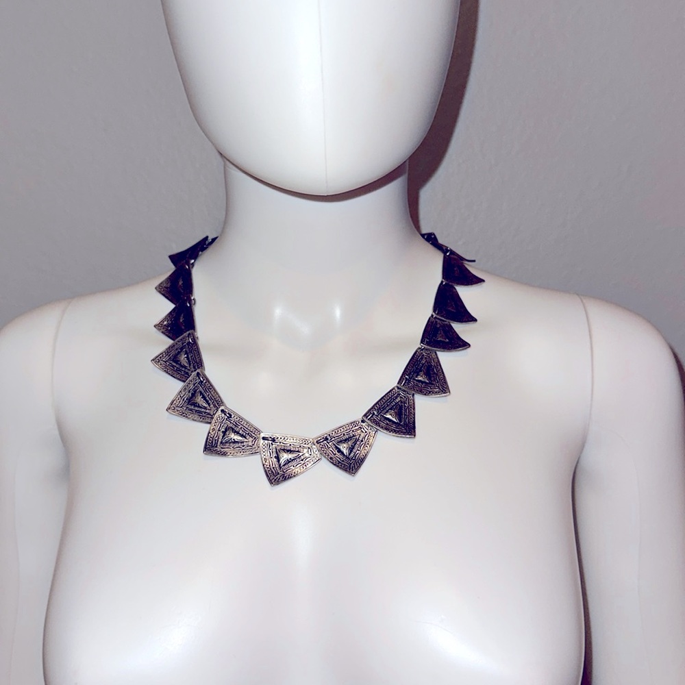 NATALIE B *Wild Arrows* silver coin triangles statement bib tribal necklace